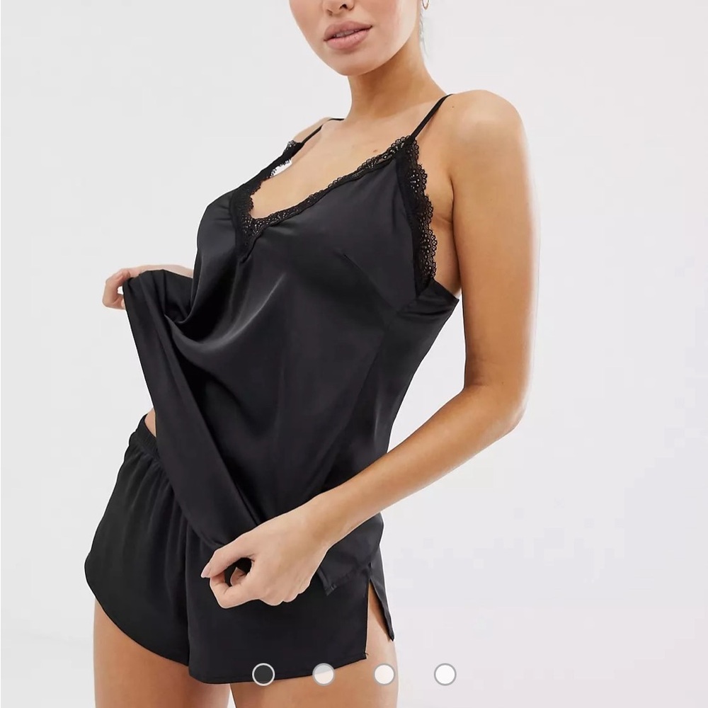 Ann Summers Black Satin Lace Trim Cami and Shorts Set XS sleep set pajama